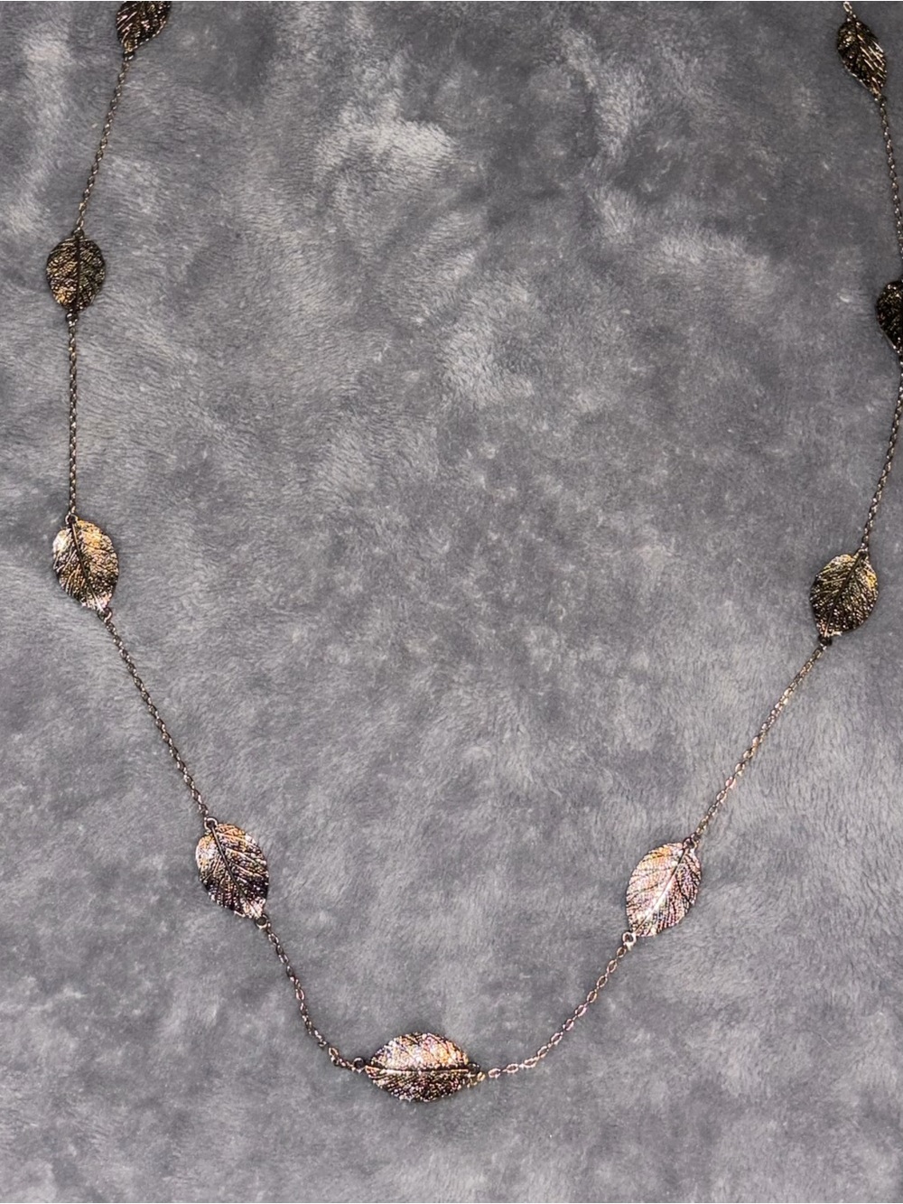 Long Antiqued Gold Tone Leaf Station Necklace 36" Botanical Boho
